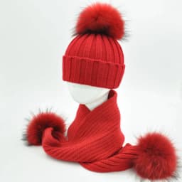 Jaxmonoy Baby Hat and Scarf Set Thick Stretchy Knitted Beanie for Boys and Girls Real Raccoon Fur Pom Pom Winter Hats for Kids