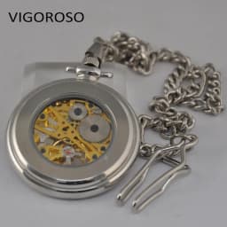 Stainless Steel Mechanical Pocket Watch Transparent Open Face Silver Steampunk Wind up Watch FOB Chain Clock Gift VIGOROSO Brand