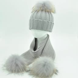 Jaxmonoy Baby Hat and Scarf Set Thick Stretchy Knitted Beanie for Boys and Girls Real Raccoon Fur Pom Pom Winter Hats for Kids