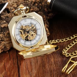 Luxury Gold Polygon Design Mechanical Pocket Watch with FOB Chain Skeleton Steampunk Hand Wind Mechanical Mens Watch With Chain