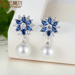 BAMOER Silver Color Blue Crystals Simulated Pearl Dangle Earrings Drop Earrings for Women Earrings Engagement Jewelry JIE069
