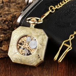 Luxury Gold Polygon Design Mechanical Pocket Watch with FOB Chain Skeleton Steampunk Hand Wind Mechanical Mens Watch With Chain