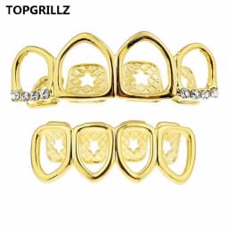TOPGRILLZ Grill Set Gold Color Plated Four Full Open Face Hollow Tooth Grillz Top with CZ & Bottom Teeth Grills For Men & Women