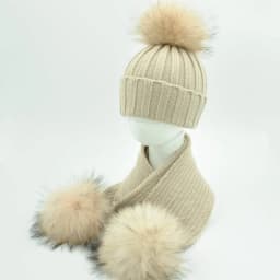 Jaxmonoy Baby Hat and Scarf Set Thick Stretchy Knitted Beanie for Boys and Girls Real Raccoon Fur Pom Pom Winter Hats for Kids