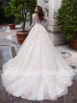 Customized Elegant Illusion Long Sleeve Vintage Wedding Dresses Luxury Scoop Neck Appliques Court Train A Line Bridal Gowns