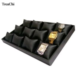 12 Grids Convenience Jewelry Display Case Bangle Bracelet Display Pillow Box Black PU Velvet Cushion Watch Holder Tray