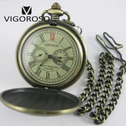 Luxury Two Sub-dials Mechanical Pocket Watch Hand Winding Bronze Alloy Skeleton Back FOB Chain Vintage Retro Roman Numeral Clock
