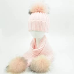 Jaxmonoy Baby Hat and Scarf Set Thick Stretchy Knitted Beanie for Boys and Girls Real Raccoon Fur Pom Pom Winter Hats for Kids