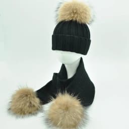 Jaxmonoy Baby Hat and Scarf Set Thick Stretchy Knitted Beanie for Boys and Girls Real Raccoon Fur Pom Pom Winter Hats for Kids