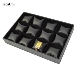12 Grids Convenience Jewelry Display Case Bangle Bracelet Display Pillow Box Black PU Velvet Cushion Watch Holder Tray
