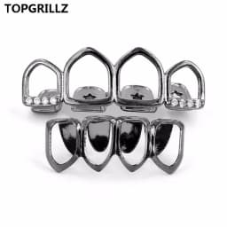 TOPGRILLZ Grill Set Gold Color Plated Four Full Open Face Hollow Tooth Grillz Top with CZ & Bottom Teeth Grills For Men & Women