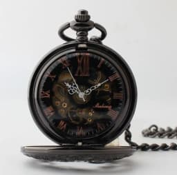 Double Opened Vintage Black Steampunk Gears Hollow Mechanical Pocket Watch Hand Wind Skeleton Necklace Clock Men Womens Gifts