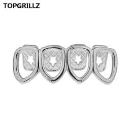 TOPGRILLZ Grill Set Gold Color Plated Four Full Open Face Hollow Tooth Grillz Top with CZ & Bottom Teeth Grills For Men & Women