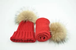 Jaxmonoy Baby Hat and Scarf Set Thick Stretchy Knitted Beanie for Boys and Girls Real Raccoon Fur Pom Pom Winter Hats for Kids