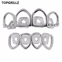 TOPGRILLZ Grill Set Gold Color Plated Four Full Open Face Hollow Tooth Grillz Top with CZ & Bottom Teeth Grills For Men & Women