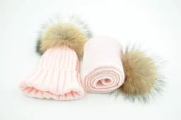 Jaxmonoy Baby Hat and Scarf Set Thick Stretchy Knitted Beanie for Boys and Girls Real Raccoon Fur Pom Pom Winter Hats for Kids