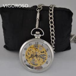 Stainless Steel Mechanical Pocket Watch Transparent Open Face Silver Steampunk Wind up Watch FOB Chain Clock Gift VIGOROSO Brand