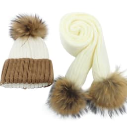 Children knitted Scarf and Hat Set Luxury Winter Warm Crochet Hats and scarves with Real fur pom Beanie Hat for boys and girls