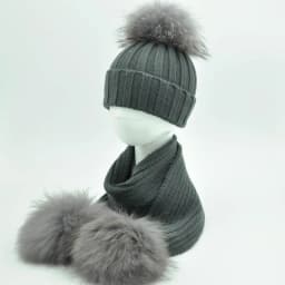 Jaxmonoy Baby Hat and Scarf Set Thick Stretchy Knitted Beanie for Boys and Girls Real Raccoon Fur Pom Pom Winter Hats for Kids
