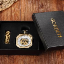 Luxury Gold Polygon Design Mechanical Pocket Watch with FOB Chain Skeleton Steampunk Hand Wind Mechanical Mens Watch With Chain