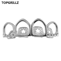 TOPGRILLZ Grill Set Gold Color Plated Four Full Open Face Hollow Tooth Grillz Top with CZ & Bottom Teeth Grills For Men & Women