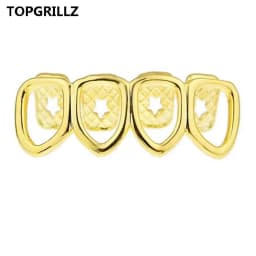 TOPGRILLZ Grill Set Gold Color Plated Four Full Open Face Hollow Tooth Grillz Top with CZ & Bottom Teeth Grills For Men & Women