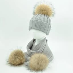 Jaxmonoy Baby Hat and Scarf Set Thick Stretchy Knitted Beanie for Boys and Girls Real Raccoon Fur Pom Pom Winter Hats for Kids
