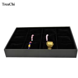 12 Grids Convenience Jewelry Display Case Bangle Bracelet Display Pillow Box Black PU Velvet Cushion Watch Holder Tray