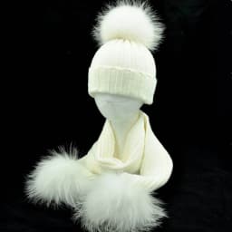 Jaxmonoy Baby Hat and Scarf Set Thick Stretchy Knitted Beanie for Boys and Girls Real Raccoon Fur Pom Pom Winter Hats for Kids