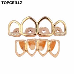 TOPGRILLZ Grill Set Gold Color Plated Four Full Open Face Hollow Tooth Grillz Top with CZ & Bottom Teeth Grills For Men & Women