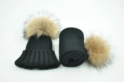Jaxmonoy Baby Hat and Scarf Set Thick Stretchy Knitted Beanie for Boys and Girls Real Raccoon Fur Pom Pom Winter Hats for Kids