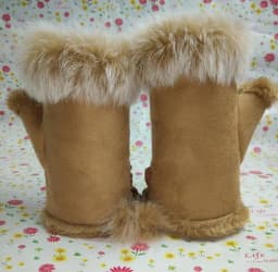 Female Rabbit Hair Wrist Gloves Fingerless Computer Typing Mittens Winter Women Suede Leather Warm Thick Cashmere Gloves G58