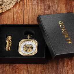 Luxury Gold Polygon Design Mechanical Pocket Watch with FOB Chain Skeleton Steampunk Hand Wind Mechanical Mens Watch With Chain