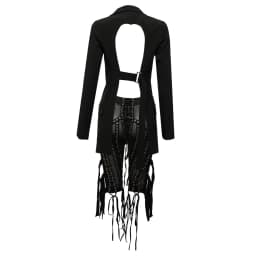 Cardi B Outfit Lace Up Blazer Backless 2 Piece Pants Set Tassel Eyelet Embellished Buckle V Neck Outwear Sexy Mesh Pants