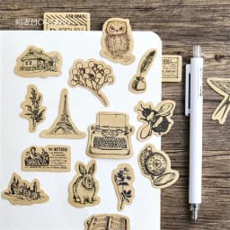 46Pcs Vintage Creative Animals & Plants Kraft Paper Stickers Set for DIY Scrapbooking Diary Decoration & Stationery Flakes
