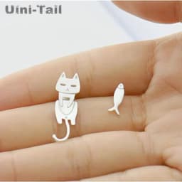 Original 925 sterling silver kitten fish earring personality hypoallergenic earrings simple student tide cat fish ear ornament