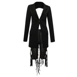 Cardi B Outfit Lace Up Blazer Backless 2 Piece Pants Set Tassel Eyelet Embellished Buckle V Neck Outwear Sexy Mesh Pants