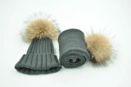 Jaxmonoy Baby Hat and Scarf Set Thick Stretchy Knitted Beanie for Boys and Girls Real Raccoon Fur Pom Pom Winter Hats for Kids