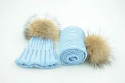 Jaxmonoy Baby Hat and Scarf Set Thick Stretchy Knitted Beanie for Boys and Girls Real Raccoon Fur Pom Pom Winter Hats for Kids