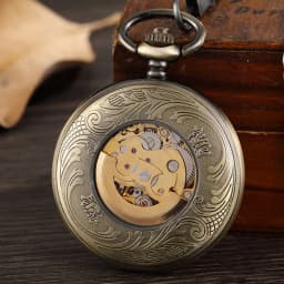 Vintage Bronze Skeleton Hand Wind Mechanical Pocket Watch Men Steampuk Pendant Clock Chain With Arabic Numerals