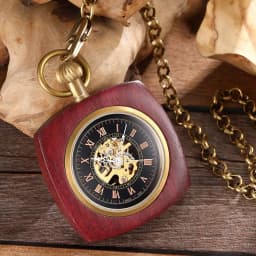 Square Wooden Mechanical Pocket Watch Chains Luxury Red Wooden Hand Winding Skeleton Fob Watches Men Women Clock Gifts Reloj