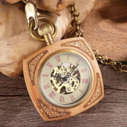 Square Wooden Mechanical Pocket Watch Chains Luxury Red Wooden Hand Winding Skeleton Fob Watches Men Women Clock Gifts Reloj