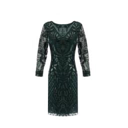 V-neck Long-Sleeve Tulle Embroider Evening Beaded Art Dec Dress Elegant Vintage 1920s Party Dress Great Gatsby Sequin Dress