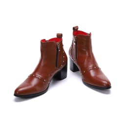 Autumn And Winter Pointed High heels Men's boots Tie a chain Rivet Belt buckle Thick heel Genuine Leather Thick heeled boots