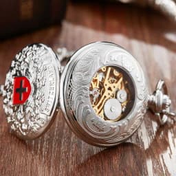 Retro Mechanical Pocket Watch Red Cross Hand-winding Silver Edelweiss Sculpture Hollow Vintage Skeleton Watches Men FOB Chain