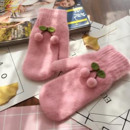 Women Winter Cute Lovely Keep Warm Mittens Full Finger Knitting Gloves Cherry Plus Velvet Inside Thicken Windproof Soft Female