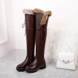 Low-Heel Round-Toe Faux Fur Over The Knee Boots Thick-Soled Lace-Up Side Zipper Street Punk Women’S Boots Warm Winter Boots
