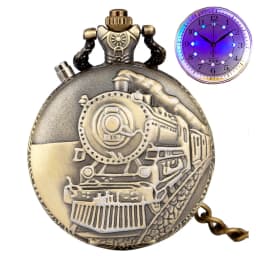 LED Flash Luminous Vintage Dial Quartz Pocket Watch Chain Bronze Carved Steam Train Steampunk Motor Railway Retro FOB Clock Hour