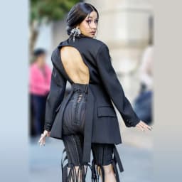 Cardi B Outfit Lace Up Blazer Backless 2 Piece Pants Set Tassel Eyelet Embellished Buckle V Neck Outwear Sexy Mesh Pants