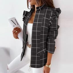 2023 Elegant Stand Collar Office Lady Blazer Coat Women Plaid Print Zipper Tops Jacket Spring Autumn Long Sleeve Ruffle Cardigan